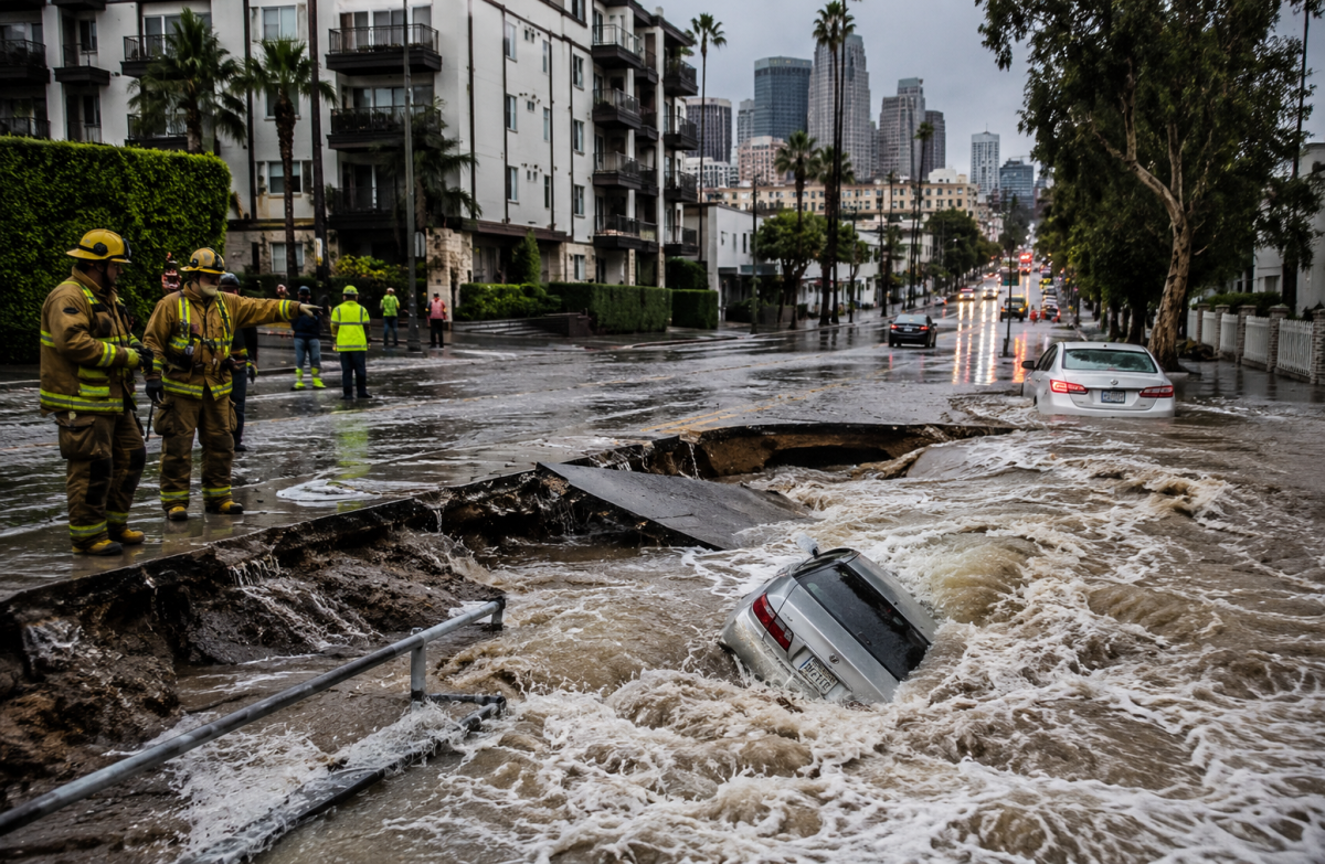 Water main break floods West Hollywood, opens sinkhole